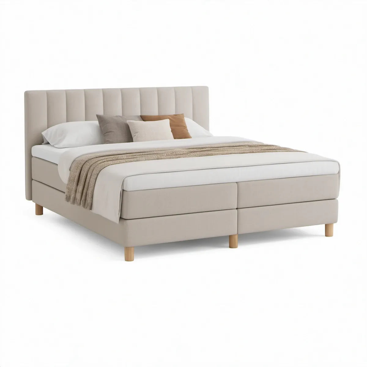 Čalouněná boxspring postel 180 × 200 cm s vysokým svisle prošívaným čelem, béžová