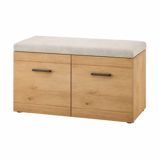 Botník s lavicí v dekoru dubu, béžovým sedákem a černými úchytkami 100 × 40 × 50 cm