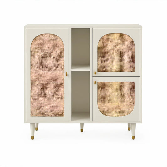 Krémový příborník z MDF s výpletem z PE ratanu, 3 dvířka, 120 × 40 × 120 cm