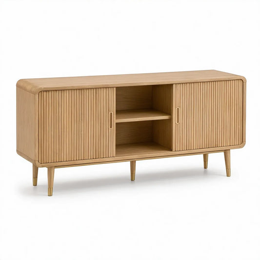 Příborník z MDF s dubovou dýhou, posuvnými lamelovými dvířky, přírodní dub, 160 × 40 × 80 cm